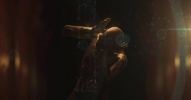 Karanlık koridorda başı ağrıyan korkunç zombi figürünün çizilmiş resmi. Cadılar Bayramı, korku, korku ve gerilim konsepti dijital olarak oluşturulmuş görüntü.