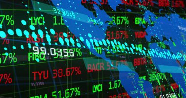 Dünya haritası, mali verileri ve grafikleri olan dijital ekran görüntüsü. Küresel finans, ekonomi ve teknoloji kavramı dijital olarak üretilen görüntü.