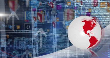 Boş bilgisayar sunucu odasında dönen dünya, dijital simgeler ve veri işleme resmi. Küresel ağ ve iş veri depolama teknolojisi kavramı