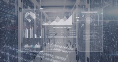 Sunucularda dijital ekran ve veri işleme görüntüsü. Ağ, bilgisayarlar, veri işleme ve teknoloji konsepti dijital olarak oluşturuldu.