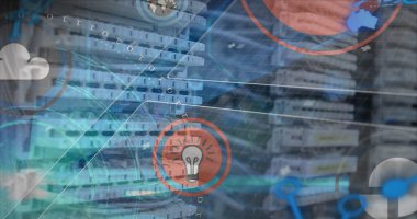 Ethernet kablosu ile ağ ekipmanları gösteriliyor, sunucu odasında veri akışını gösteren simgeleri kaplıyor. Teknoloji, bağlantı, veri altyapısı, dijital ağ, siber güvenlik, endüstriyel tasarım, yenilik