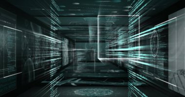 Infographic arayüz ekranında döngü içinde hareket eden dijital bilgisayar dilinin resmi. Dijital olarak üretilmiş, çoklu maruz kalma, kodlama, geleceksel, teknoloji, yapay zeka.