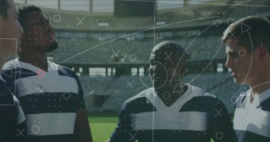 Çeşitli erkek rugby oyuncuları için oyun planı. Küresel spor ve dijital arayüz kavramı dijital olarak oluşturulmuş görüntü.