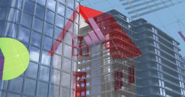 Yüksek binalara karşı ev simgesi üzerinde istatistiksel veri işleme resmi. İş verileri ve analitik teknoloji kavramı