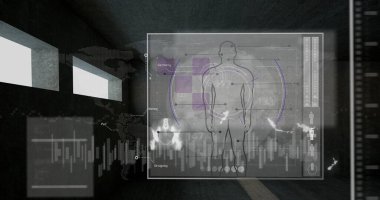 Kapsam taraması ve insan vücudu üzerindeki veri işleme görüntüsü. Küresel bilim, araştırma, dijital arayüz ve dijital olarak oluşturulmuş görüntü işleme kavramı.