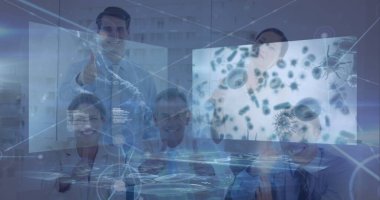 Hastanedeki iş adamlarından oluşan bir ağ görüntüsü. Küresel tıp ve dijital arayüz kavramı dijital olarak oluşturulmuş görüntü.