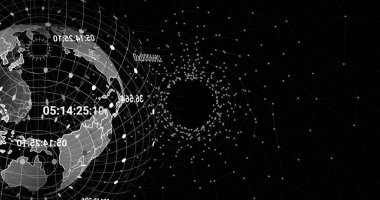 Siyah dijital alan üzerinde bağlantıları ve koordinatları olan bir dünya görüntüsü. Küresel bilgisayarlar, ağ, veri ve teknoloji konsepti dijital olarak oluşturuldu.