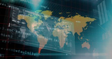 Siyah zemin üzerinde dünya haritası olan veri işleme resmi. Küresel teknoloji, bilgisayar ve dijital arayüz kavramı dijital olarak oluşturulmuş görüntü.