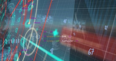 Şehir manzarası üzerinde veri işleme resmi. küresel iş ve dijital arayüz kavramı dijital olarak oluşturulmuş görüntü.