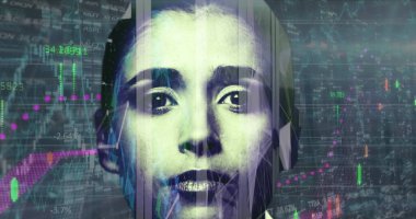 Kadın yüzü üzerinde tarama ve veri işleme görüntüsü. Çevrimiçi ağ internet ve sosyal medya konsepti dijital olarak oluşturuldu.