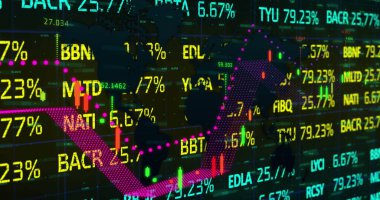 Borsa üzerinde istatistik ve veri işleme görüntüsü. Dijital arayüz teknolojisinin ve dijital olarak oluşturulan ağ konseptinin küresel veri işlemesi.