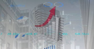 Arka plandaki yüksek binalarla istatistiksel veri işleme görüntüsü. İş verileri ve analitik teknoloji kavramı