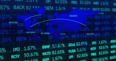 Dünya haritası, mali verileri ve grafikleri olan dijital ekran görüntüsü. Küresel finans, ekonomi ve teknoloji kavramı dijital olarak üretilen görüntü.