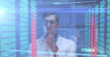 Kafkas erkek doktor üzerinde virüs hücreleriyle veri işleme görüntüsü. Küresel tıp, bilim ve dijital arayüz kavramı dijital olarak üretilen görüntü.