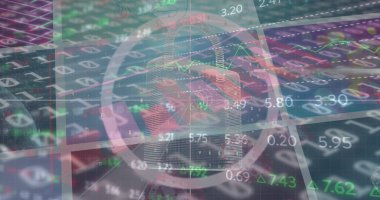 Finansal veriler üzerinde dijital asma kilit ve ekran görüntüsü. Ağ, veri işleme, dijital ekran, İnternet güvenliği ve dijital olarak oluşturulmuş iletişim konsepti.