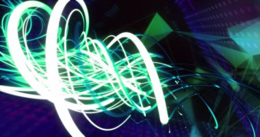 Bağlantılar üzerinde fiber optik ipliklerin görüntüsü. Veri işleme, bağlantılar ve dijital arayüz konsepti dijital olarak oluşturulmuş resim.