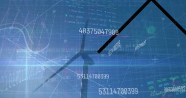 Finansal veri işleme ve rüzgar türbinlerinin üzerindeki ikili kodlama. Küresel veri işleme, sürdürülebilirlik ve dijital olarak oluşturulan çevre konsepti.
