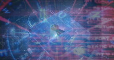 Siyah arkaplanda veri işleme üzerine asma kilit simgesi resmi. Küresel teknoloji, çevrimiçi güvenlik ve dijital arayüz kavramı dijital olarak oluşturulmuş görüntü.