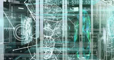 Bilgisayar sunucularıyla teknoloji odasında tarama ve veri işleme görüntüsü. Küresel veri işleme bağlantıları teknoloji ve dijital arayüz konsepti dijital olarak oluşturulmuş görüntü.