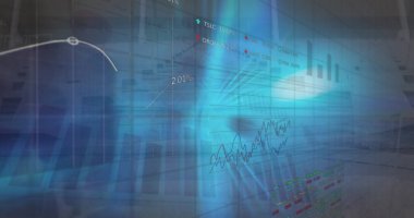 Çeşitli iş adamlarının yürümesi üzerine finansal veri işleme görüntüsü. Küresel bükülme, teknoloji ve dijital arayüz kavramı dijital olarak oluşturulmuş görüntü.
