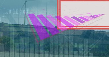 Mavi gökyüzüne karşı dönen yel değirmenlerinin istatistiksel veri işleme görüntüsü. Yenilenebilir enerji ve iş veri teknolojisi kavramı