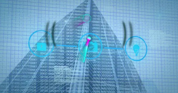 Yapı ve işaret üzerinde simge ve veri işleme resmi. Küresel iş ve dijital arayüz kavramı dijital olarak oluşturulmuş görüntü.