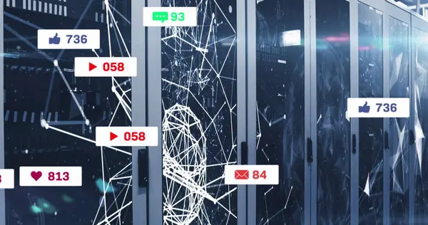 Sosyal medya simgelerinin, numaraların ve bilgisayar sunucuları üzerinden bağlantı ağının resmi. Küresel sosyal medya, hesaplama, veri işleme ve dijital arayüz kavramı dijital olarak oluşturuldu.
