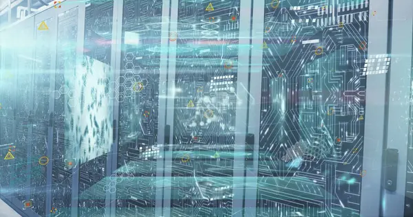 DNA iplikçikleri, bilgisayar sunucularında veri işleme resimleri. Küresel bilim, hesaplama, bağlantılar, veri işleme ve dijital arayüz konsepti dijital olarak oluşturuldu.