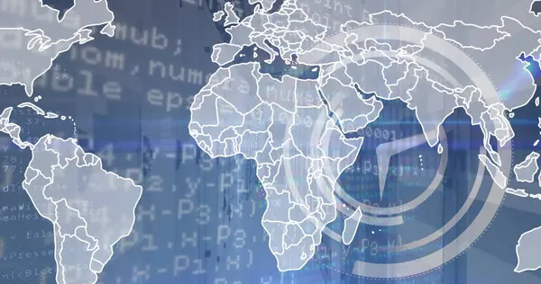 Boş bilgisayar sunucu odasına karşı tıklayan saatin, dünya haritasının ve veri işlemenin resmi. Bilgisayar arayüzü ve iş veri depolama teknolojisi kavramı
