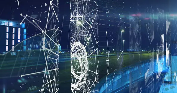 Zaman çizelgesinde gece trafiğiyle bağlantılı ışık ve bağlantıların görüntüsü. Veri işleme, bilgisayarlar, ağ ve teknoloji konsepti dijital olarak oluşturulmuş görüntü.
