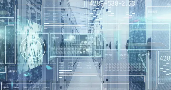 Bilgisayar sunucuları üzerinden veri işleme resmi. küresel hesaplama, dijital arayüz ve dijital olarak oluşturulmuş görüntü veri işleme kavramı.