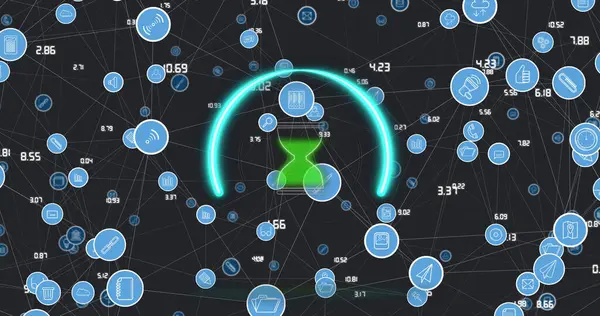 Bağlantı ağı üzerinden kum saatinin resmi. Küresel iş ve dijital arayüz kavramı dijital olarak oluşturulmuş görüntü.