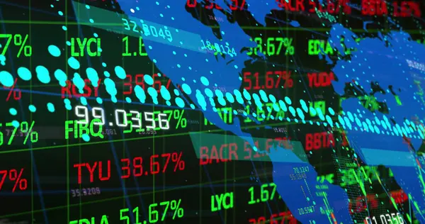 Dünya haritası, mali verileri ve grafikleri olan dijital ekran görüntüsü. Küresel finans, ekonomi ve teknoloji kavramı dijital olarak üretilen görüntü.