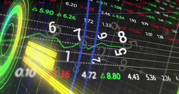 Şekiller, sayılar, işleme çemberi ve dijital ekrandaki finansal veriler. Küresel finans, ekonomi, veri işleme ve teknoloji konsepti dijital olarak oluşturulmuş görüntü.