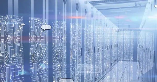 Sosyal medya konuşma baloncukları ve bilgisayar sunucularının veri işleme görüntüsü. Küresel sosyal medya, hesaplama, veri işleme ve dijital arayüz kavramı dijital olarak oluşturuldu.