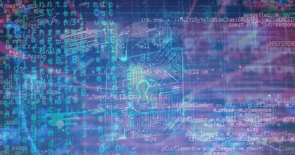 Mavi arkaplandaki veri işleme üzerine asma kilit simgesi resmi. Küresel teknoloji, çevrimiçi güvenlik ve dijital arayüz kavramı dijital olarak oluşturulmuş görüntü.