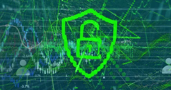 İş grafiklerine karşı hareket eden kalkanlı ve çizgili grafiksel asma kilidin dijital görüntüsü. Hologram, dijital olarak oluşturulmuş, çoklu pozlama, teknoloji, grafik, veri ve ağ güvenliği.