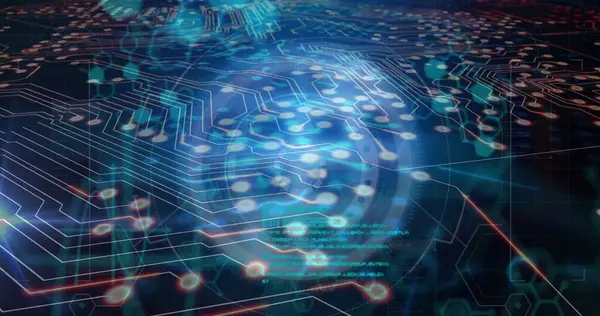 Siyah arkaplanda tarama yapan bilgisayar devre kartının görüntüsü. Küresel teknoloji, bilgisayar ve dijital arayüz kavramı dijital olarak oluşturulmuş görüntü.