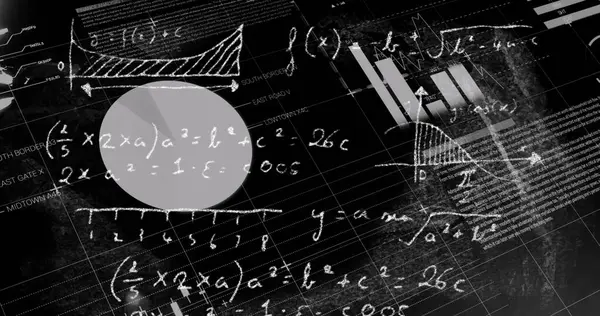 Image of data processing with mathematical equations on black background. Global technology, computing and digital interface concept digitally generated image.
