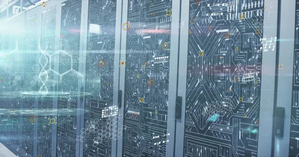 Bilgisayar sunucuları üzerinde DNA ipliği ve veri işleme resmi. Küresel hesaplama, bağlantılar, veri işleme ve dijital arayüz kavramı dijital olarak oluşturuldu.