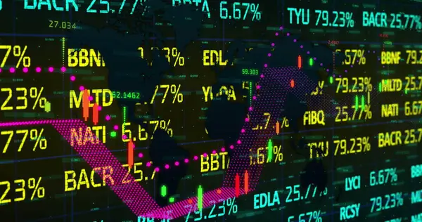 Borsa üzerinde istatistik ve veri işleme görüntüsü. Dijital arayüz teknolojisinin ve dijital olarak oluşturulan ağ konseptinin küresel veri işlemesi.