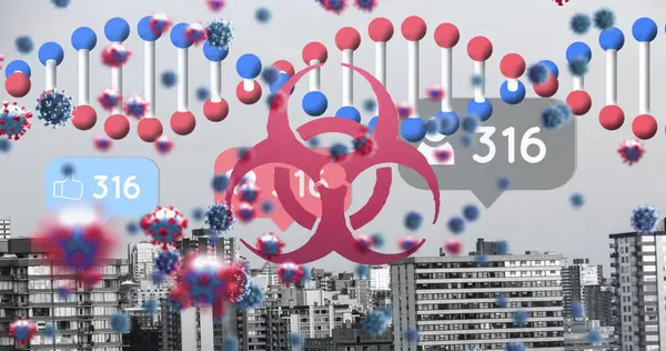 3D DNA 'nın resmi, beğeni sayısına sahip bir virüs, şehir genelinde artan profiller. Dijital bileşik, yapay zeka, bilim ve teknoloji, sağlık ve tıp, mimari.