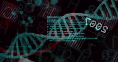 Karanlık alan açılışı, Cyan DNA sarmalının döndüğünü ve veri görselleştirmesi için dalgalandığını gösteriyor. Futuristik, teknoloji, dijital, yenilik, bilimsel, soyut, bilimsel görselleştirme