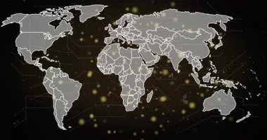 Sürüklenen parçacıklar dünya haritasını ateşliyor, sınırlar çiziliyor, büyü kümeleri titreşiyor, ağı görselleştiriyor. Futuristik, teknolojik, dijital, soyut, bağlantı, küresel, görselleştirme