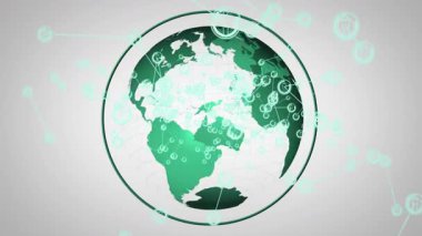 Cyan çemberleri dünyanın etrafında kayboluyor, dünyayı döndürmeye ve kıtaları birbirine bağlayan düğümler atmaya başlıyor. Teknoloji, bağlantı, yenilik, dijital, küresel, fütüristik, ağ