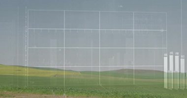 Izgara zayıflıyor, etiketler beliriyor, çubuklar yükseliyor, kayıyor, çizgi grafik veri eğilimleri için salınıyor. Analizler, veri görselleştirme, bilgi, istatistiksel, dijital, teknoloji, bilgi