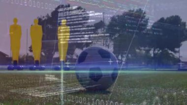 Dijital örtüler soluyor ve spor veri oynatıcısını takip ediyor çömelmiş, topun öndeki mankenleri ayarlıyor. Spor, analitik, eğitim, performans, fitness, gelecekçilik, teknoloji