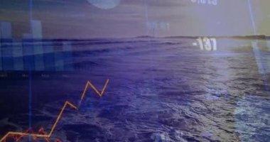 Okyanus dalgaları ve bar çizelgeleriyle gün batımı açılıyor. Piyasa eğilimlerini gösteren çizgiler yükseliyor. Deniz manzarası, veri görselleştirmesi, mali eğilimler, huzur, gün doğumu, bilgi, hareket grafikleri