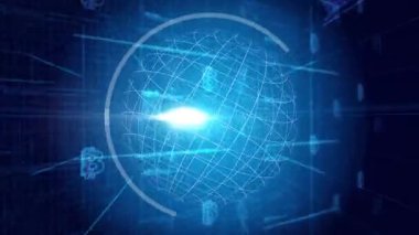 Parlayan çekirdek patlayarak kablo küresini bulutların göçünü gösteren neon buluta dönüştürüyor. Gelecek, teknoloji, dijital, yenilik, siber, ağ, soyut