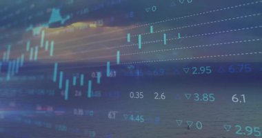 Noktalı rehberler üzerinde yükselen şamdan şeması açılıyor, soluk çubuklar, dönüşümlü halkalar pazar verilerini güncelliyor. Finansal görselleştirme, veri analizleri, dijital gösterge paneli, pazar eğilimleri, yatırım analizi, büyüme, teknoloji